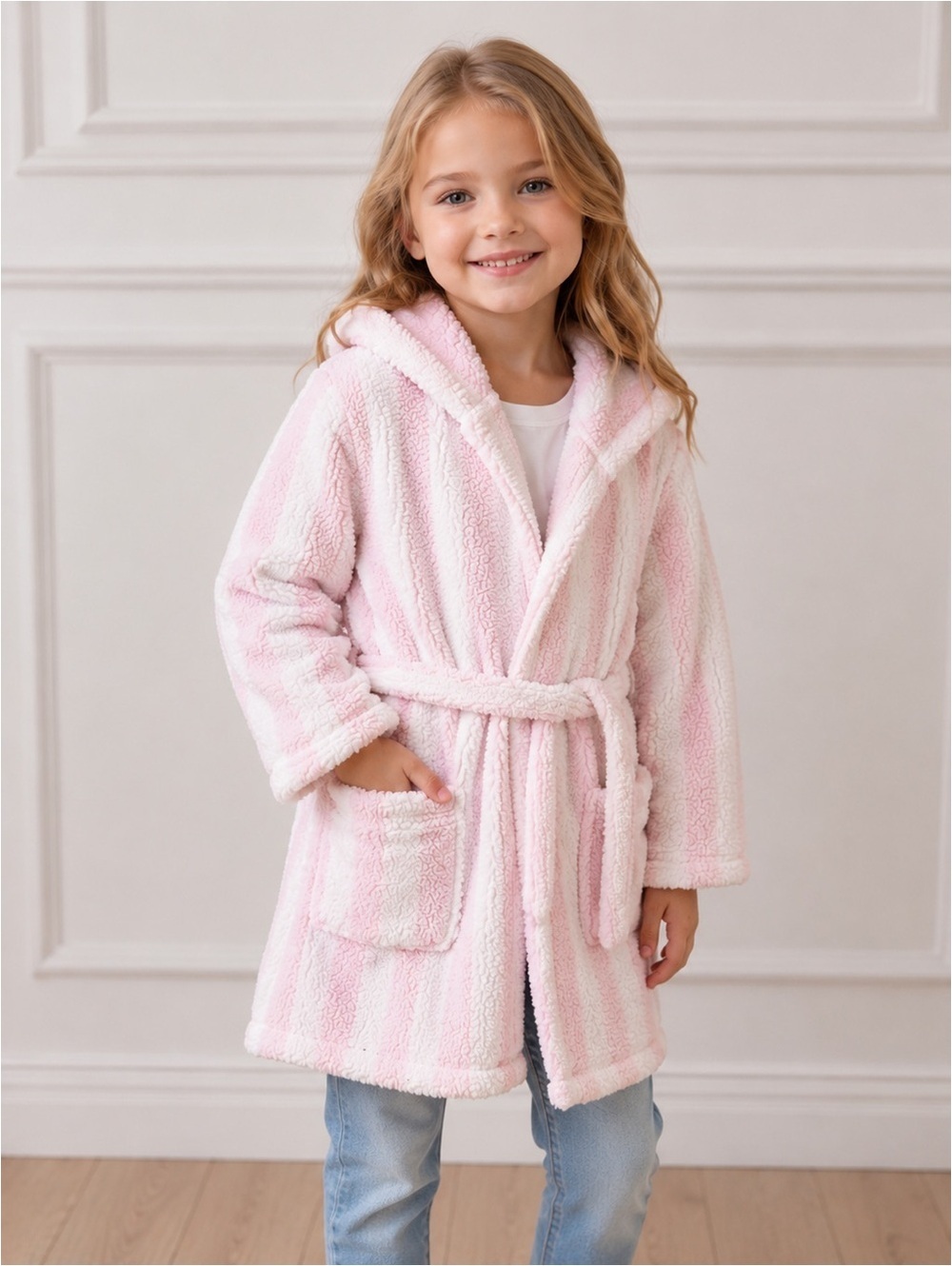 Laura Ashley Girls Bunny Hood Sherpa Robe Pink White Size 4